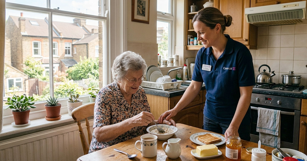 Compassionate domiciliary care worker helping an elderly woman prepare breakfast at home in London