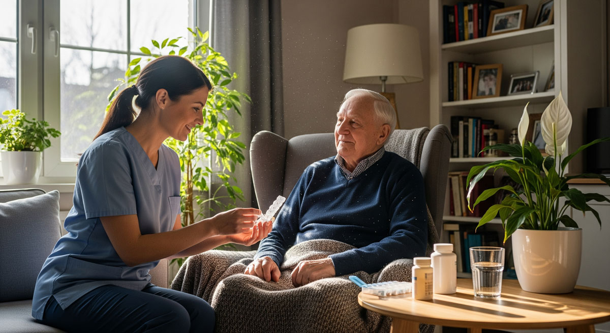 Caregiver assisting elderly man with medication at home