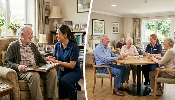 Elderly man at home with a carer versus a care home setting — home care vs care home comparison.