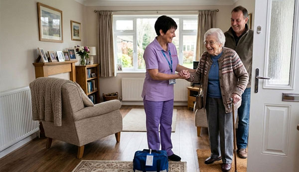 Carer helping an elderly man recover safely at home after a hospital stay — hospital discharge care guide.