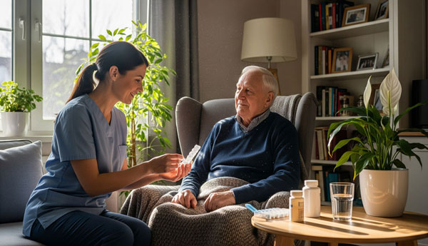 Caregiver assisting elderly man with medication at home — Live-In and Hourly Care support.