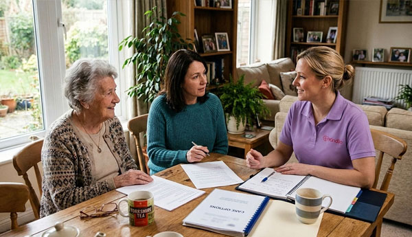 Family member making notes during a phone call with a home care provider — questions to ask before hiring a carer.