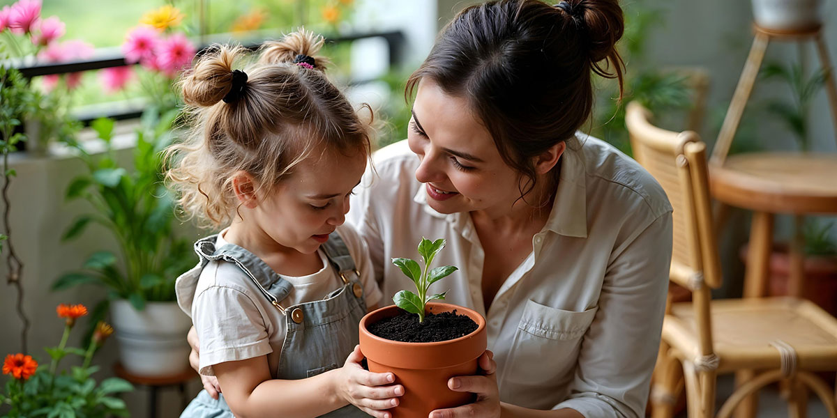 Illustrating personal care through nurturing: an adult teaches a child to care for a small plant, fostering responsibility.