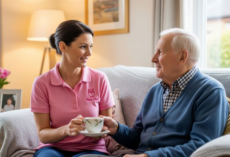 Professional caregiver supporting senior man during respite and live-in care service